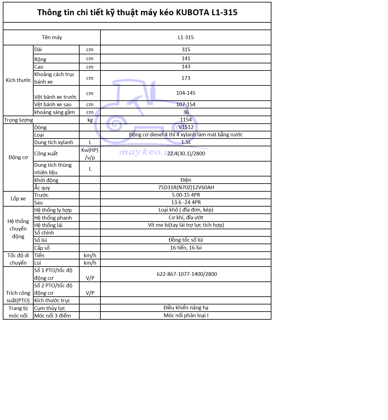 THÔNG TIN CHI TIẾT KỸ THUẬT MÁY KÉO KUBOTA L1-315
