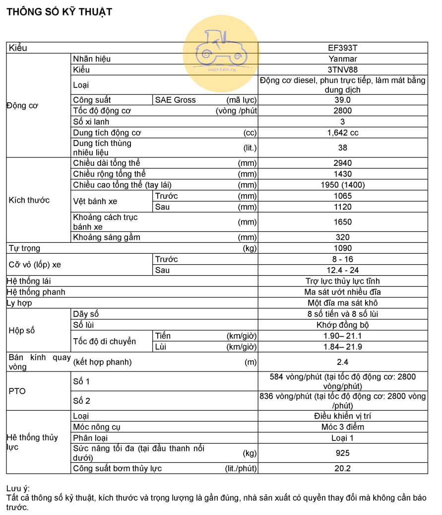 Thông số kỹ thuật máy cày máy kéo EF393