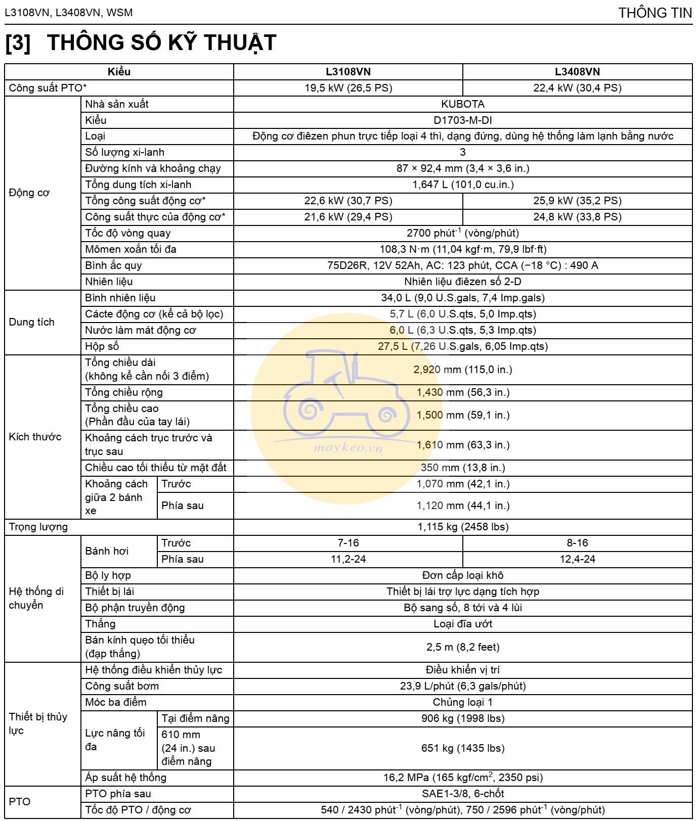 THÔNG TIN BẢO DƯỠNG THÔNG TIN KỸ THUẬT KUBOTA L3408